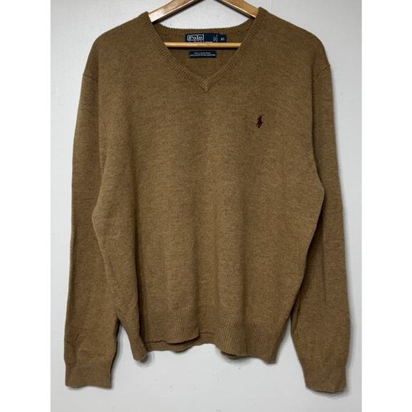 Polo Ralph Lauren Sweater Men's Size XL 100% Lambs Wool V-Neck Brown Pull-over - Picture 1 of 9